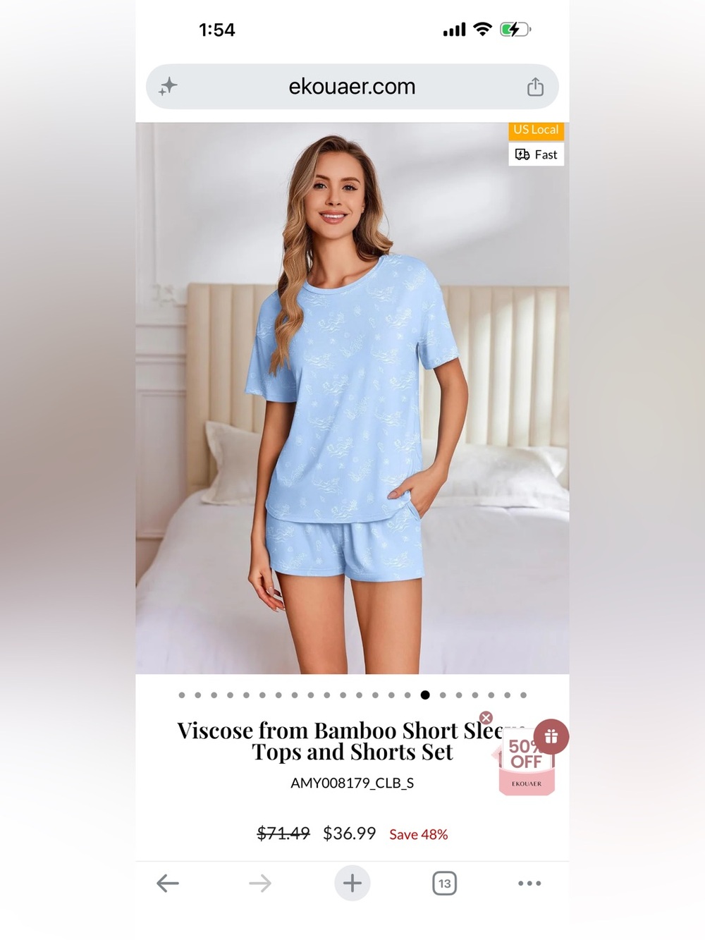 NWT-Ekouaer Certified Bamboo Fibers Sleep Set-Light Blue